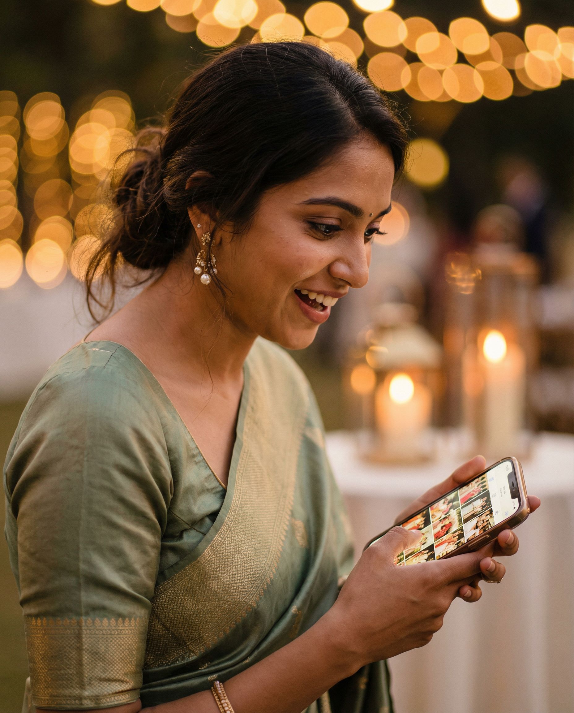 A wedding guest smiling as she discovers her photos on her phone at an outdoor reception.